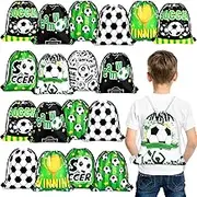 Woanger 24 Pieces Soccer Party Favors Bags Soccer Drawstring Gifts Bags Fabric Football Print Candy Goodie Snacks Treat Backpack for Sports Football Theme Birthday Party Supplies