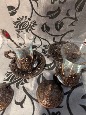 Set 2 TURKISH TEA COFFEE GLASS CUP & SAUCER Spoon Antique Copper Tone