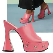 GUCCI SHOES GG LOGO STUD PLATFORM PINK LEATHER SLIDE SANDALS $1,190 sz 39 9