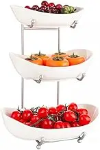 YYW 3 Tier Fruit Bowl for Kitchen Counter, White Ceramic Fruit Stand for Countertop, Home Fruit Rack with Holder, Fruit Basket Stand Vegetable Bowl Snacks Nuts Bread Candy Storage (White)