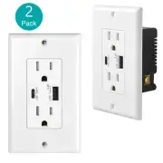 2PK 4.2A USB Wall Socket Outlet AC Power Receptacle Type-C Fast Charger Plug 15A