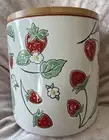 KITCHEN CANISTER/COOKIE JAR W/EMBOSSED STRAWBERRIES LEAVES & FLOWERS w/WOOD LID