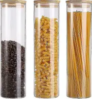 3 Pack Glass Pasta Storage Containers - 36 Oz Glass Airtight Food Storage Jars With Bamboo Lids, Tall Spaghetti Jars Set
