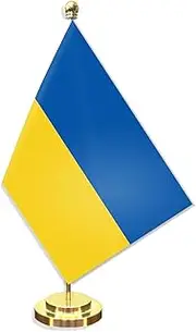 Ukraine Desk Small Flag Set,5×8 Inch Mini Ukrainians Desktop Banner,12" Metal Solid Pole Decor,Tiny Digital Printed Polyester Banner With Golden Base