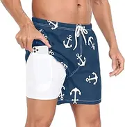 [GuoChe] Men's Swim Shorts Men 2 Layer Workout Shorts Anchors Sea Blue with Pockets and Compression Liner Basketball Shorts
