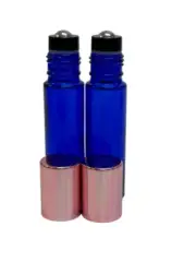 144 Pcs 10ml COBALT BLUE Glass Rollon Bottle W/ALU. ROSE GOLD Cap & Steel Roller