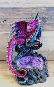 Dragon Purple, Over Crystals Resin Statue 6" x 4"