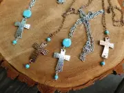 Handmade Hammered Cross Charm Necklaces - Copper Turquoise or Silver Turquoise!