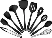 Silicone Cooking Utensils Set of 10, Leonyo Black Kitchen Utensils Set for Cooking, 446°F Heat Resistant Silicone Kitchen Tools with Turner Spatula, Soup Ladle, Serving Spoons for Nonstick Cookware