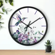 Hummingbird Decor - Purple Floral Orchid Watercolor Wall Clock