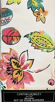 Cynthia Rowley Jacobean Floral Pink Green Orange Cloth Napkins Set Of 4