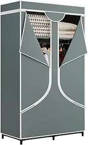 [SORCEDAS] Portable Wardrobe Closet Storage Organizer Metal Hanging Rack Non-Woven Fabric 34 Inch Grey