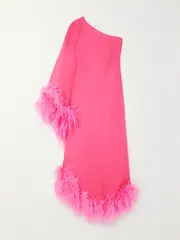 [Taller Marmo] Taller Marmo - + Net Sustain Ubud One-sleeve Feather-trimmed Crepe Gown - Bubblegum - IT36 IT 36 Pink