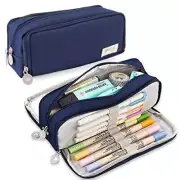 Large Pencil Case 3 Compartments Pencil Pouch Big Capacity Pencil Navy Blue