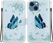 [CrazyLemon] for iPhone 13 Case Wallet Cute Blue Butterfly Design PU Leather Magnetic Folio Flip Kickstand Case for iPhone 13 with Strap & Card Holder for Women Girls Slim Shockproof Protective Cover