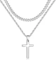 [Fiusem] 2 Pcs Cross Necklace Chain for Men and Women, Layered Mens Cross Necklaces Stainless Steel Pendant Cuban Link Rope Chain 16-26 Inch