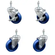 4 Inch SS Solid Polyurethane Swivel 3/8 Inch Threaded Stem Caster Set 2 Brakes