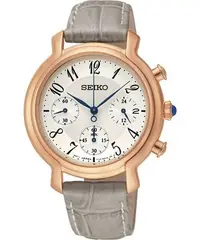 在飛比找Yahoo!奇摩拍賣優惠-SEIKO WATCH 精工典雅氣質玫瑰金色計時三眼石英女士