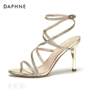 高跟鞋 Daphne/達芙妮夏季新款一字帶優雅亮片純色細跟森女涼鞋女 夢藝家