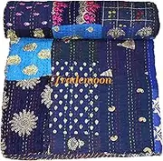 Patchwork Kantha Quilt, Cotton with Silk Vintage Kantha Gudri,Decorative Hand Stitch Bedspread, Throw Blanket Size (Double 90" x 108")