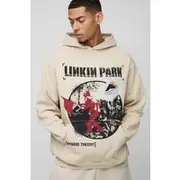 Mens Ecru Oversized Wash Linkin Park License Print Hoodie