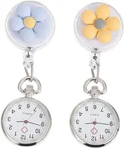 [Holibanna] 2Pcs Retractable Nurse Pocket Watch with Clip Macaron Color Flower Design Stylish Hanging Watch for Nurses Doctors Students Easy to Carry Present for Healthcare Professionals