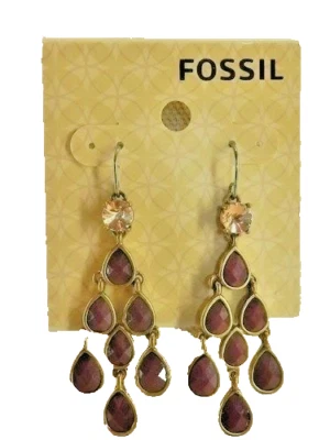 Fossil Set Stone Drop Earrings Goldtone Red New! NWT