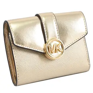 【Michael Kors】簡約金屬MK LOGO皮革三折扣式零錢短夾(金)