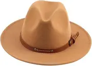 [LIFKOME] Flat Top Woolen Jazz Hat for Men and Women Stylish Wide Brim Fedora for Jazz Events Outdoor Activities and Fashionable Outfits Khaki