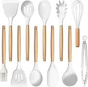 NICEYE Silicone Cooking Utensils Set 12 Piece kitchen utensil set with Storage Bucket, Wooden Handle, silicone cooking utensils Heat Resistant Easy to Clean Non Stick silicone kitchen utensils.(White)