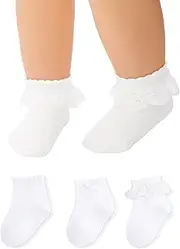 [IYOU] 3 Pairs Baby Lace Socks White Ruffle Sock Baby Girl Toddler Dress Crew Socks for 1-2T, White, 1-2 Years