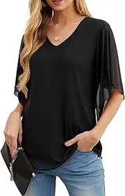 [QIXING] Womens Summer Blouses 3/4 Short Sleeve Shirt V Neck Flowy Ladies Tops for Women UK, Black, S