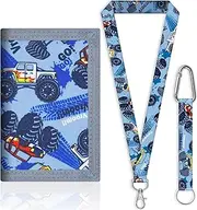 [JONYEE] Kids Wallet for Boys and Girls 4-16 with Lanyard and Key Chain Holder, Trifold Camo and Cute Wallets for Kids,with Coin and Card Pockets, Novelty Birthday Gifts for Childrens, 24001 Blue Cars