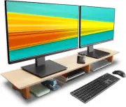 Large Dual Monitor Stand Riser, Solid Wood Desk Shelf with Eco Cork Legs for Lap