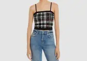 $250 Alice + Olivia Women's Black Plaid Cropped Sleeveless Tank Top Size XS