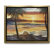 NY Art-Original Oil Painting of Sunset Ocean View on Canvas 8x10 Framed