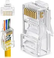 Cat5/5e UTP Pass Through RJ45 Connector 100 Pack, UTP RJ45 Ethernet Connector - Crimp Connectors Network Plug for Solid Wire and Standard Cables, Transparent Color Gold Plated Head.