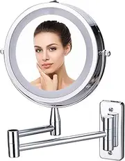 Wall Mounted Lighted Makeup Mirror, Double Sided Vanity Mirror with 1X 10X Magnifying Bathroom Mirror, 3 Color Lighting, Touch Screen Dimming, Extended Arm 360 Rotation Shaving Light up Mirror