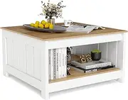 Giantex Coffee Table, Square Cocktail Table with Storage Shelf, Farmhouse Rustic Center Table, Space-Saving Living Room Furniture for Home Waiting Room