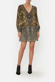 V NECK BLOUSON SLEEVE DRESS ARMADA