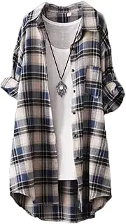 [Generic] Women's Lightweight Button Front Linen Shirt for Spring/Mid Length Plaid Shirt Long Sleeve Top