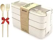 EZONEDEAL 3-in-1 Meal Prep Container 900ML Bento Lunch Box Kids Lunch Box For school with 3 Compartments Microwave & Dishwasher Friendly, Leak Proof, Includes Spoon & Fork, Bento Box,Lunchbox -Beige