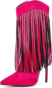 [UP2STEP] Women Vogue Rhinestone Fringed Stiletto High Heel Mid Calf Boots Vegan Suede with Side Zipper
