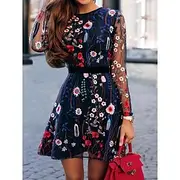 Women's Mesh Sheath Dress Pink Dress Tunic Dress Floral Mesh Patchwork Crew Neck Mini Dress Daily Vacation Long Sleeve Fall Winter
