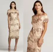 NWT Tadashi Shoji Gaynor Sequin Fringe Midi Dress Peach Blossom Size 2
