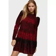 Topshop Size 2 Tiered Hem Long Puff Sleeve Shift Mini Dress Floral Red Black NEW
