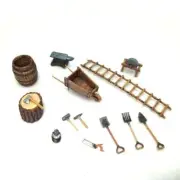 1/72 Miniature Farm Tools: Wooden Wheelbarrow, Tree Stump, Anvil, Grinder