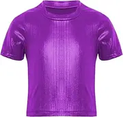 [Choomomo] Kids Shiny Metallic Crop Tops Hip Hop Jazz Dance Shirts Shimmery Short Sleeve T-Shirts for Boys Girls