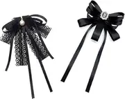 [Generic] 2 Pieces Black Necktie Bowtie Lace and Ribbon Brooch Pins for Women Rhinestone Crystal Bow Brooch