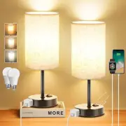 ZJOJO Table Lamp for Bedroom Set of 2, Bedside Small Flaxen Shade- Black Base